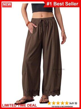 Boho Wide Leg Palazzo Cropped Pants Lace Hem Drawstring
